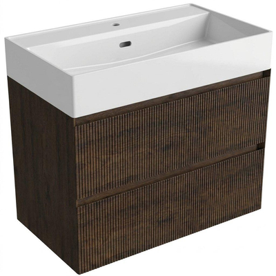Saniclass Holz Atelier Ensemble meuble de salle de bains - 80x45x72cm - lavabo Legend en céramique blanc - 1 vasque - 1 trou de robinetterie - 2 tiroirs - chêne charcoal mat (bois)