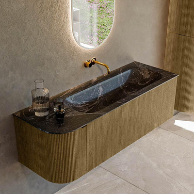Ensemble de meuble de salle de bain Mondiaz KURVE-DLUX - 135x46x40cm - 1 tiroir - 1 porte - lavabo en solid surface - droite - sans trou de robinet - Dusk