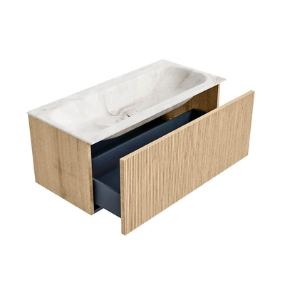 MONDIAZ KURVE-DLUX Meuble de salle de bains 100cm couleur Oak avec 1 tiroir. Lavabo BIG MEDIUM centré sans trou de robinetterie couleur Frappe.