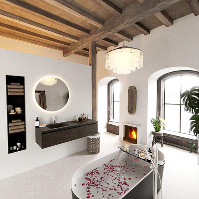 MONDIAZ BUKLA 140cm ensemble de meuble avec module 60 couleur Marron Foncé avec 2 tiroirs. Lavabo CLOUD à gauche 1 trou de robinet couleur Urban.