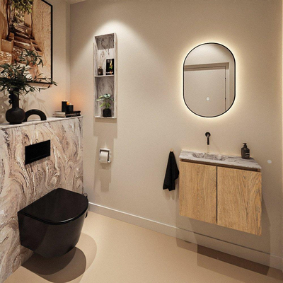 MONDIAZ TURE-DLUX Meuble WC 60cm Washed Oak. Lavabo EDEN Glace position gauche. Sans trou de robinet.