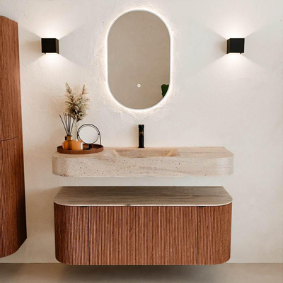 MONDIAZ THOR-DLUX 120cm meuble de salle de bains arrondi gauche + droite couleur Ruby avec 1 tiroir et 2 portes. Vasque suspendue CLOUD Milieu 1 trou de robinet couleur Saba.