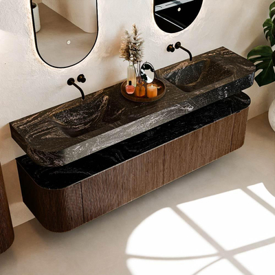 MONDIAZ THOR-DLUX Meuble de salle de bains - 190cm - arrondi gauche + droite - couleur Walnut - 2 tiroirs et 2 portes - Vasque suspendue CLOUD Double sans trou de robinet - couleur Lava