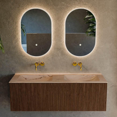MONDIAZ KURVE-DLUX 130cm meuble de salle de bains couleur Walnut avec 2 tiroirs et 0 portes. Lavabo LEAF double sans trou de robinet Arena.