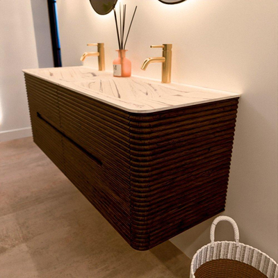 Mondiaz CIRO-DLUX Meuble de salle de bains - 140x45x50cm - Plan vasque solid surface Nata - 2 vasques double - 2 trous de robinetterie - 4 tiroirs - Noyer