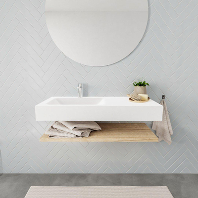 MONDIAZ ALAN 100cm - Ensemble meuble de salle de bains - tablette - chêne blanchi - lavabo suspendu - vasque à gauche - 1 trou de robinet - talc