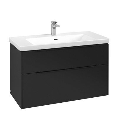 Villeroy & Boch Subway 3.0 meuble sous-lavabo - 100x55x45cm - avec poignée Volcano Black 2 tiroirs à fermeture douce 1 découpe pour siphon panneau de particules volcano black