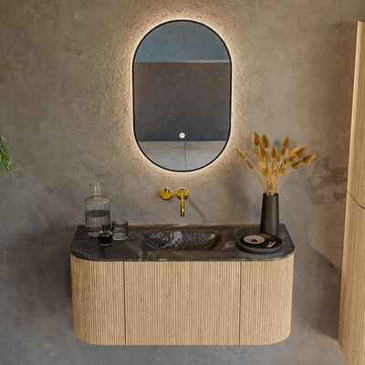 MONDIAZ KURVE-DLUX 100cm Meuble salle de bain avec module 25 G et D - couleur Oak - 1 tiroir - 2 portes - vasque GRUNNE centre - sans trou de robinet - couleur Lava