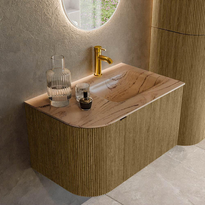MONDIAZ KURVE-DLUX Meuble de salle de bains 75cm arrondi à gauche couleur Dusk avec 1 tiroir et 1 porte. Lavabo GRUNNE à droite 1 trou de robinet Arena.