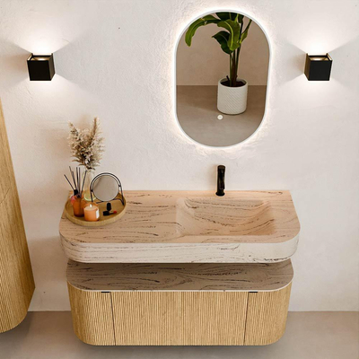 MONDIAZ THOR-DLUX 120cm badmeubel ronding links + rechts kleur Oak met 1 lade en 2 deuren. Vrijhangende wastafel CLOUD Rechts 1 kraangat kleur Arena.