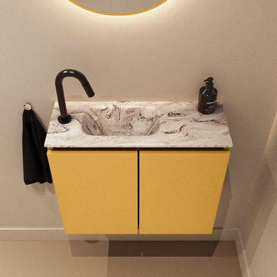 MONDIAZ TURE-DLUX Meuble toilette - 60cm - Ocher - EDEN - vasque Glace - position gauche - 1 trou de robinet