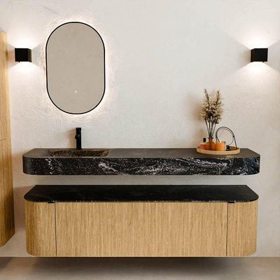 MONDIAZ THOR-DLUX Meuble de salle de bains 170cm arrondi gauche + droite couleur Oak avec 1 tiroir et 2 portes. Vasque suspendue CLOUD Gauche 1 trou de robinet couleur Lava.