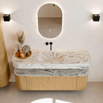 MONDIAZ THOR-DLUX 150cm meuble de salle de bains arrondi gauche + droite couleur Oak avec 1 tiroir et 2 portes. Vasque suspendue CLOUD Milieu sans trou de robinet couleur Glace.