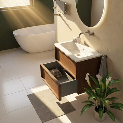 Saniclass Holz Frame Ensemble de meubles de salle de bains - 80x45x77.5cm - Lavabo Torino en solid surface blanc - sans trou de robinetterie - 2 tiroirs - noyer pure mat (bois)