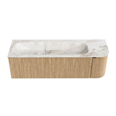 MONDIAZ KURVE-DLUX meuble de salle de bains 145 cm avec module 25 R couleur Oak avec 1 tiroir et 1 porte. Lavabo BIG LARGE gauche 1 trou de robinet couleur Frappe.