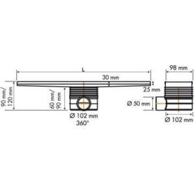 Easydrain Tegeldrain tegelgoot met zijuitloop 9.8x110cm 50mm RVS