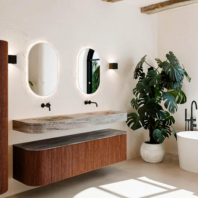 MONDIAZ THOR-DLUX Meuble de salle de bains 170cm arrondi gauche + droite couleur Ruby avec 1 tiroir et 2 portes. Vasque suspendue CLOUD Double sans trou de robinet couleur Oza.