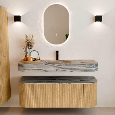 MONDIAZ THOR-DLUX 130cm badmeubel ronding links + rechts kleur Oak met 1 lade en 2 deuren. Vrijhangende wastafel CLOUD Midden 1 kraangat kleur Sombra.