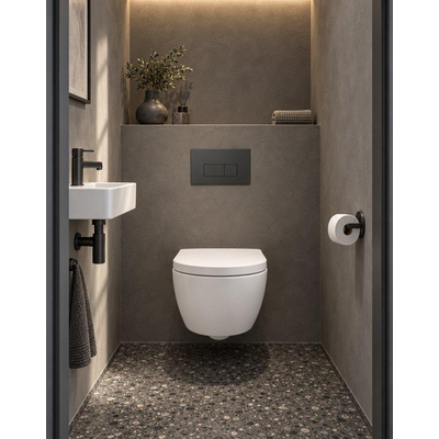 QeramiQ Dely Swirl Compact Ensemble WC - réservoir encastré QeramiQ flush - abattant 25 mm - plaque de commande en plastique anthracite mat - boutons rectangulaires - blanc mat