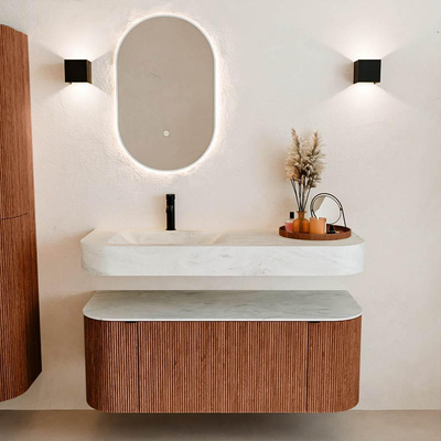 MONDIAZ THOR-DLUX 120cm meuble de salle de bains arrondi gauche + droite couleur Ruby avec 1 tiroir et 2 portes. Vasque suspendue CLOUD Gauche 1 trou de robinet couleur Opalo.