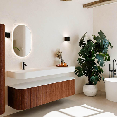 MONDIAZ THOR 170cm meuble de salle de bains arrondi gauche + droite couleur Ruby avec 1 tiroir et 2 portes. Vasque suspendue CLOUD Gauche 1 trou de robinet couleur Talc.