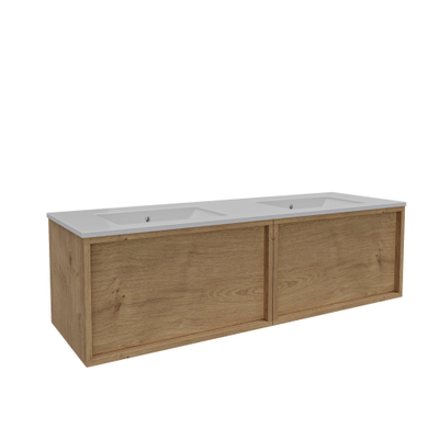 Saniclass Holz Frame Meuble de salle de bain - 140x45x40cm - lavabo en céramique blanc - 2 vasques - sans trous de robinet - 2 tiroirs - Chêne Natural