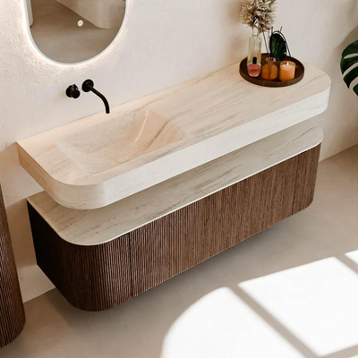 MONDIAZ THOR-DLUX 150cm meuble de salle de bains arrondi gauche + droite couleur Walnut avec 1 tiroir et 2 portes. Vasque suspendue CLOUD gauche sans trou de robinet couleur Meli.