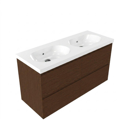 Saniclass Holz Pure Ensemble de meubles de salle de bains - 120x45x63.5cm - lavabo Palermo en céramique blanc - 2 vasques - sans trous de robinetterie - 4 tiroirs - noyer pure mat (bois)