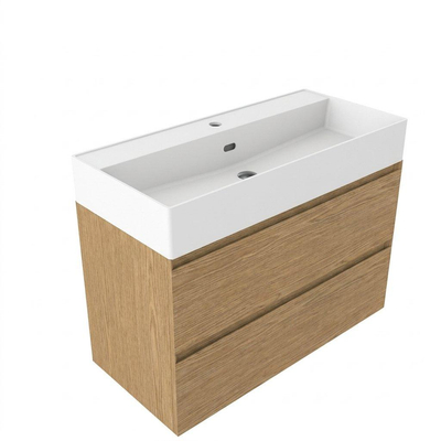Saniclass Holz Pure Badkamermeubelset - 100x45x72cm - Legend keramische wastafel mat wit - 1 wasbak - zonder kraangat - 2 lades - mat eiken natural (hout)