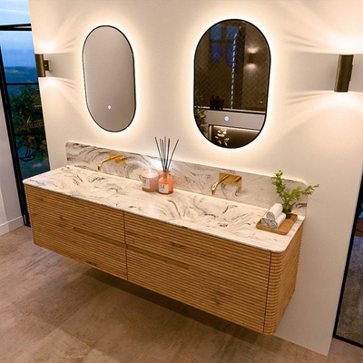 Mondiaz CIRO-DLUX Ensemble de meubles de salle de bains - 190x45x50cm - lavabo solid surface Glace - 2 vasques double - sans trous de robinet - 4 tiroirs - Chêne