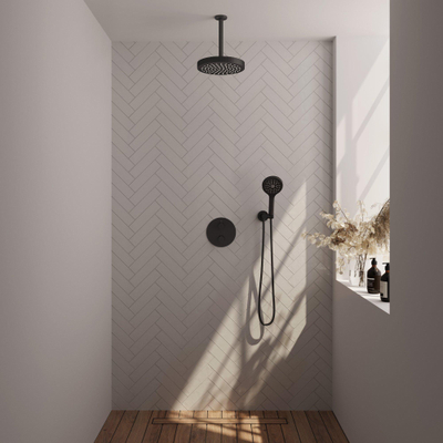 BRAUER Stripe Thermostatische Inbouw Regendouche - 3-weg - rond - SET 42 - 25cm douchekop - plafondarm - 3-standen handdouche - doucheslang - wandaansluitbocht - mat zwart