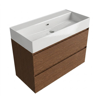 Saniclass Holz Pure Ensemble de meubles de salle de bains - 100x45x72cm - Legend lavabo en céramique blanc - 1 vasque - 2 trous de robinetterie - 2 tiroirs - walnut pure mat (bois)