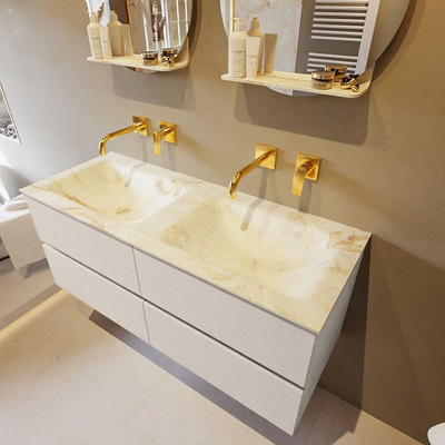 Mondiaz VICA-DLUX ensemble de meuble de salle de bain - 120cm - meuble sous-vasque lin - 4 tiroirs - lavabo encastrée nuage double - sans trous de robinet - version haute de 60cm - frape