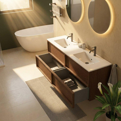 Saniclass Holz Frame Ensemble de meubles de salle de bains - 160x45x62cm - Lavabo en céramique Vygo blanc - 2 vasques - 2 trous de robinetterie - 4 tiroirs - mat walnut pure (bois)