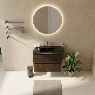 Saniclass Holz Pure Ensemble meuble de salle de bains - 80x45x62cm - Vasque Vygo en céramique noire - 1 vasque - 1 trou de robinetterie - 2 tiroirs - chêne charcoal mat (bois)