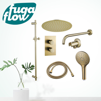 FugaFlow Eccelente Sobrado Ensemble de douche pluie encastrable - thermostatique - bras mural - barre curseur - pommeau 25cm - douchette ronde - Laiton brossé (doré)