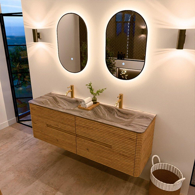 Mondiaz CIRO-DLUX Meuble de salle de bains - 150x45x50cm - Plan vasque solid surface Sombra - 2 vasques double - 2 trous de robinet - 4 tiroirs - Chêne