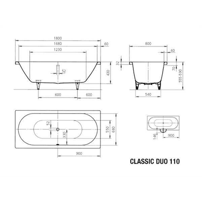 Kaldewei Classic Duo plaatstaal bad dikwandig rechthoekig 180x80x43cm wit