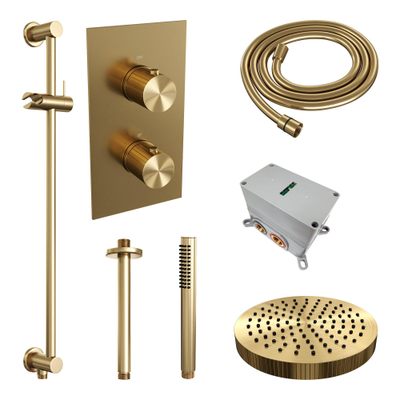 BRAUER Stripe Thermostatische Inbouw Regendouche - 3-weg - rechthoekig - SET 21 - 25cm douchekop - plafondarm - staaf handdouche - doucheslang - geïntegreerde glijstang - goud geborsteld PVD