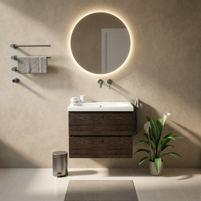 Saniclass Holz Pure Ensemble de meubles de salle de bains - 80x45x63.5cm - lavabo Palermo en céramique blanc - 1 vasque - sans trou de robinetterie - 2 tiroirs - chêne charcoal mat (bois)