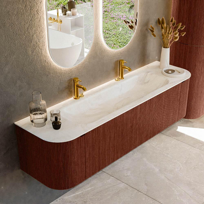 Mondiaz KURVE-DLUX Badkamermeubelset - 170x46x40cm - 1 lade - 2 deuren - wastafel solid surface - midden - 2 kraangaten - Ruby
