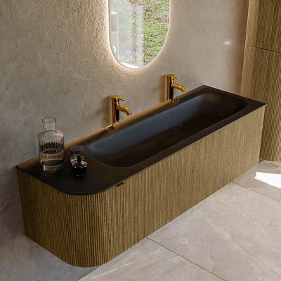 Mondiaz KURVE Ensemble meuble de salle de bains - 145x46x40cm - 1 tiroir - 1 porte - lavabo solid surface - droite - 2 trous de robinet - Dusk