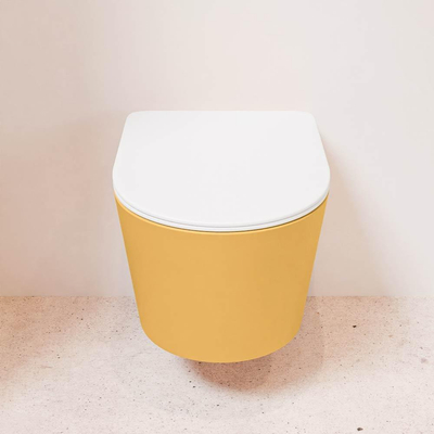 Mondiaz LAVIE hangtoilet – spoelrandloos – 36 x 53 cm – met softclose zitting – Ocher (geel), zitting Talc (wit)