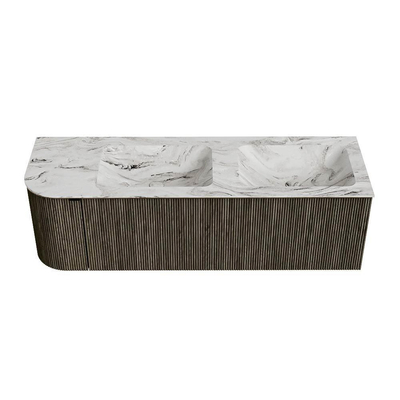 Mondiaz KURVE-DLUX Badkamermeubelset - 145x46x40cm - 1 lade - 1 deur - wastafel solid surface - dubbel / rechts - 2 kraangaten - Shadow