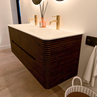 Mondiaz CIRO-DLUX Badkamermeubelset - 130x45x50cm - Solid surface wastafel Opalo - 2 wasbak Dubbel - 2 kraangaten - 4 lades - Walnut