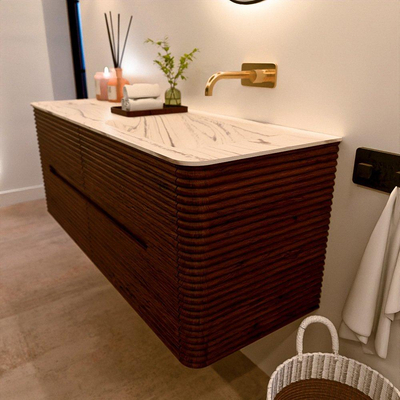 Mondiaz CIRO-DLUX Badkamermeubelset - 130x45x50cm - Solid surface wastafel Nata - 1 wasbak Rechts - zonder kraangaten - 4 lades - Ruby