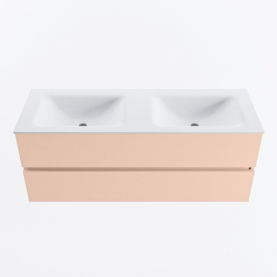 MONDIAZ VICA Ensemble meuble de salle de bains - 130cm - meuble sous-vasque rosee - 2 tiroirs - lavabo cloud double - 2 trous de robinet - version haute 60cm - talc