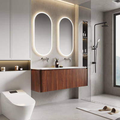 Saniclass Terra Badkamermeubelset - 140x42x45.5cm - solid surface wastafel wit mat - 2 wasbakken - 4 lades - Kastanje (walnoot)