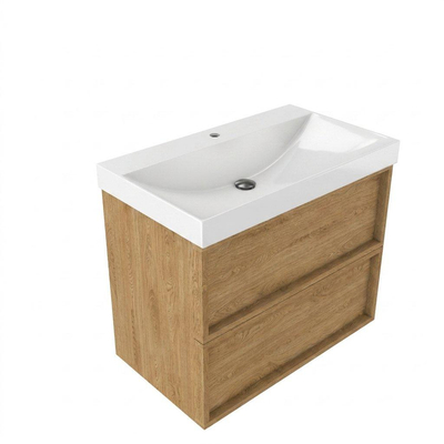 Saniclass Holz Frame Ensemble de meubles de salle de bains - 80x45x67.5cm - lavabo Wave en céramique - 1 vasque - 1 trou de robinetterie - 2 tiroirs - chêne naturel mat (bois)