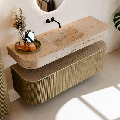 MONDIAZ THOR-DLUX Meuble de salle de bains 140cm arrondi gauche + droite couleur Dusk avec 1 tiroir et 2 portes. Vasque suspendue CLOUD Centre sans trou de robinet couleur Arena.